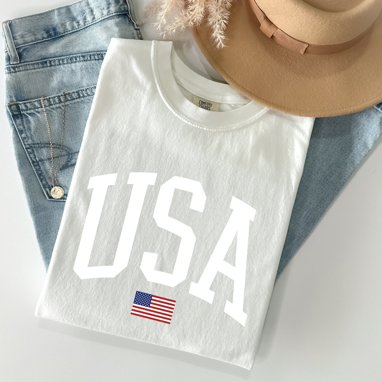 USA Flag, America, Patriotic, White, 4th of July Tshirt Comfort Colors T-Shirt