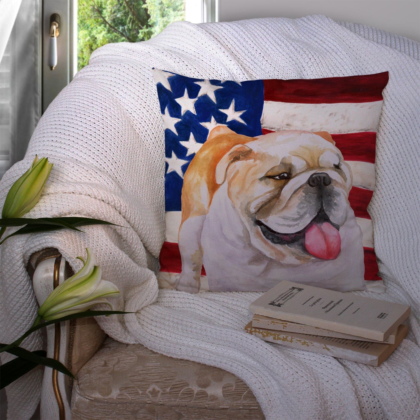 English Bulldog Patriotic Throw Pillow - 14x14 Decorative Pillow – Art for Your Home & Patio BB9639PW1414