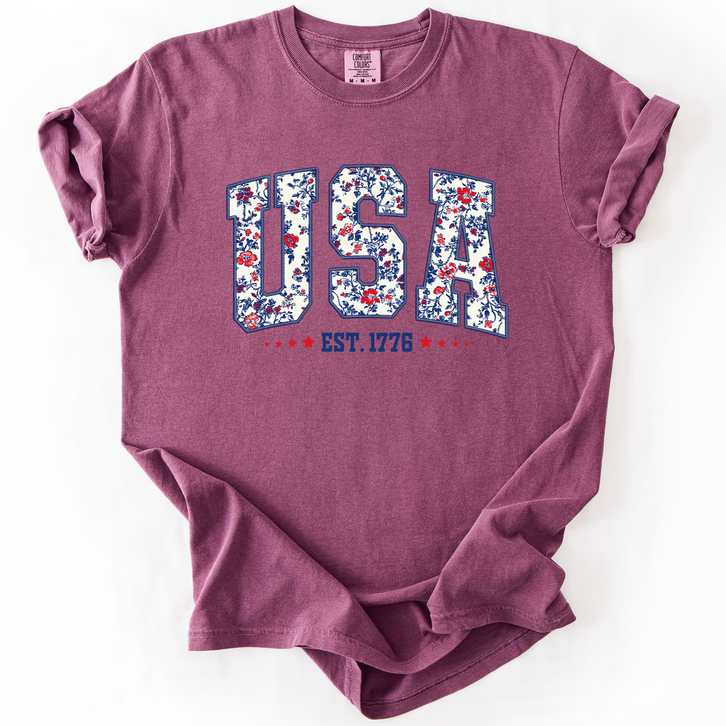 USA, Floral Pattern, Est 1776, Patriotic, America, Comfort Colors T-Shirt